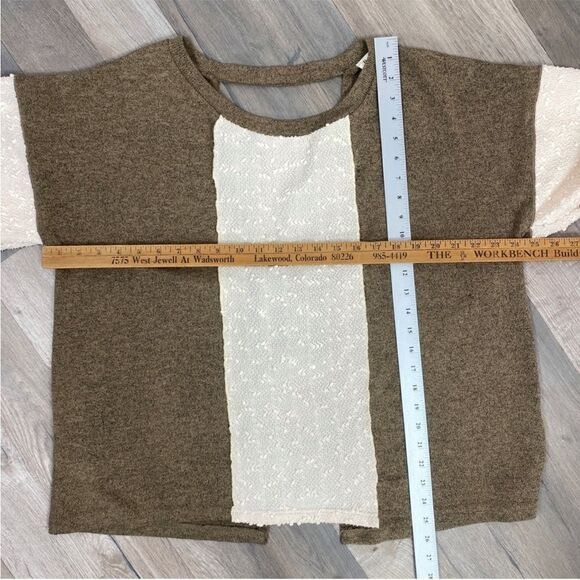 POL Open Tie Back Sweater Bell Sleeve Color Block Brown Cream Large - Picture 12 of 13